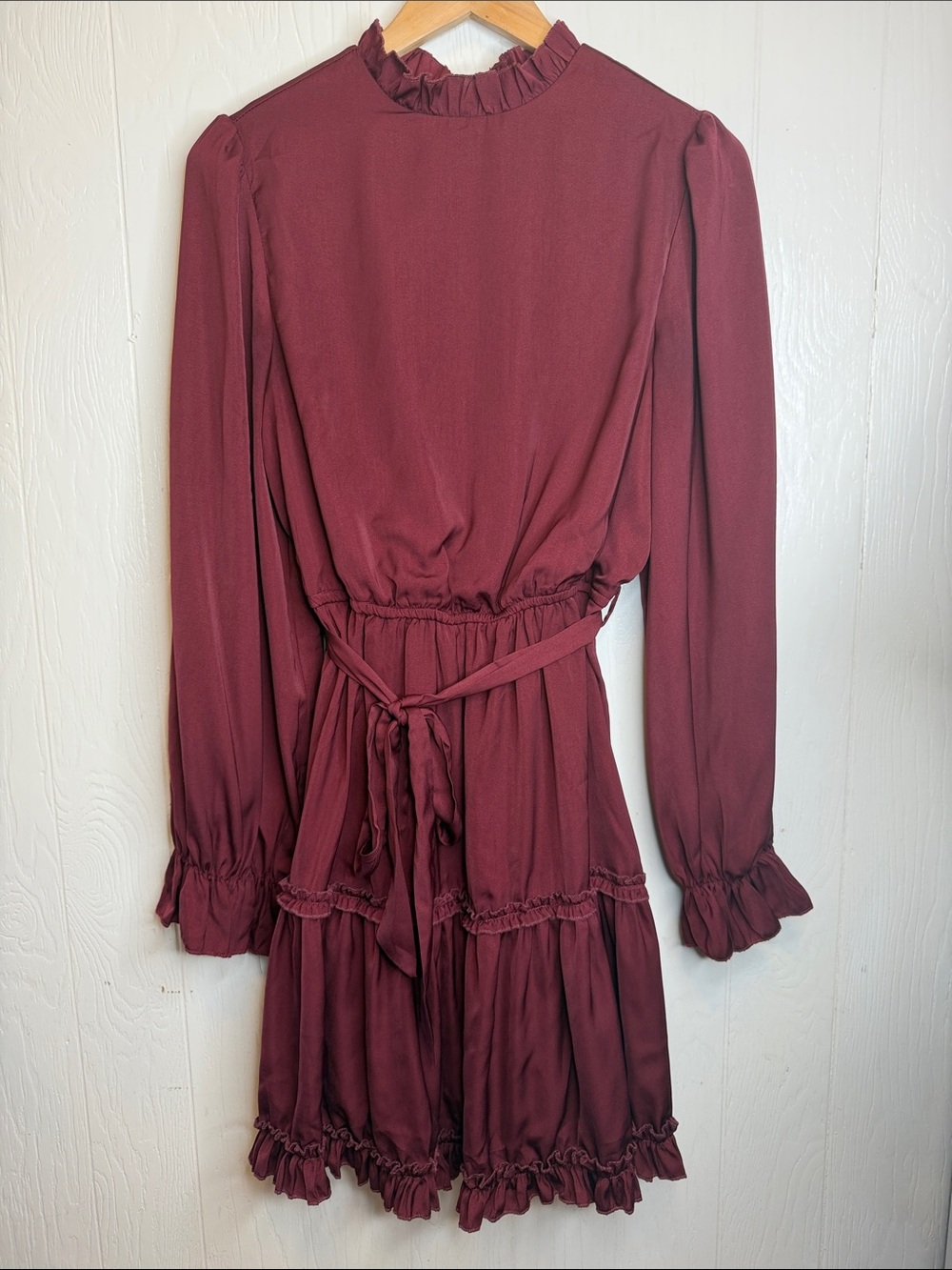 She + Sky Burgundy Long-Sleeve Ruffled Tiered Dress M